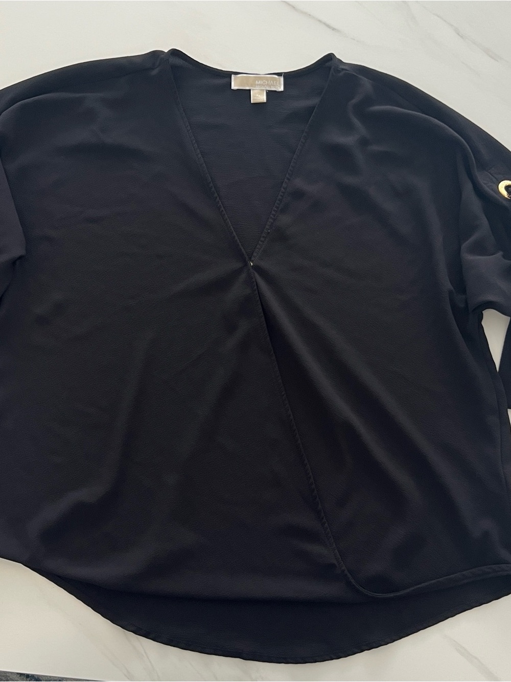 Michael Kors Womens Black V-Neck Short Sleeve Top with Grommet Tie Detail